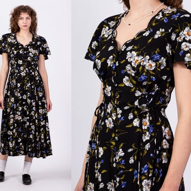 90s Black Floral Corset Tie Grunge Dress - Small to Medium | Vintage Button Up Short Sleeve Ankle Length Dress 