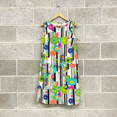Vintage Shift Dress Retro 1960s Smart Time + Size 12 + Mod + Floral + Groovy + Geometric + Psychedelic + Neon + Cotton + Womens Apparel 