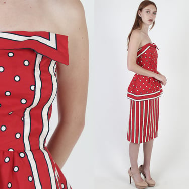 80s Victor Costa Cocktail Dress / Red Polka Dot Strapless Dress / Vertical Striped Pencil Skirt 