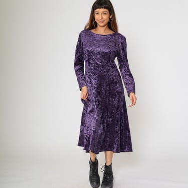 Vintage Purple Velvet Dress 90s Scoop Back Rosette Midi Cocktail Party Empire Waist Boho Long Sleeve Bohemian 1990s Gothic Petite Large 14 