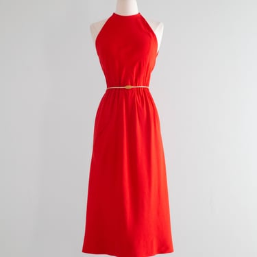 Iconic 1970's Halston Red Silk Bias Cut Halter Neck Dress / Small