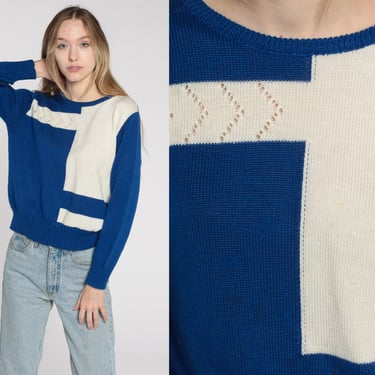 Color Block Sweater 80s White Blue Sweater Pointelle Cutout Slouchy retro GEOMETRIC Knit Pullover 1980s Vintage Retro Medium 