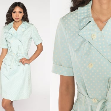60s Day Dress Baby Blue Polka Dot Mini Jacket Dress Double Breasted Button Up Wrap High Waist Belted Pocket Retro Vintage 1960s Medium M 