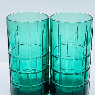 Vintage Pair (2) Anchor Hocking "Tartan" Emerald Green Blue  Glass Ice Tea drinking glasses-16 Ounce 