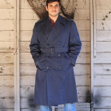 Military Style Navy Blue Gabardine Trench Coat W/Belt XXL / Blue