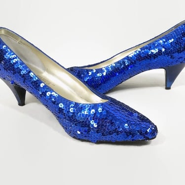 VINTAGE 1980s Blue Sequin High Heel Pumps by Special Occasions Saugus Shoes Size 9 | 80s Sapphire Sparkle Dress Shoes | vfg 