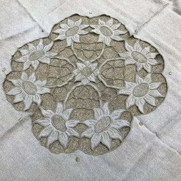 French Floral Linen Tablecloth, Sunflowers, Rustic Unbleached Linen, Cutwork Hand Embroidery, Storage Staining 