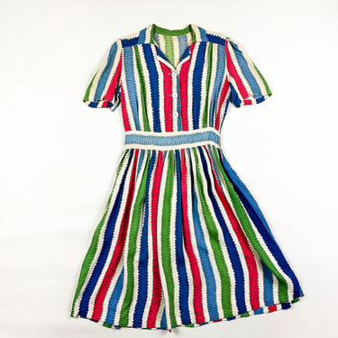 1940s Nylon Jersey Novelty Print Squiggle Dress / Belt / Metal Zipper / Waistband / Scribbles / Drawing / Zig Zag / Op Art / M / 28 Waist 
