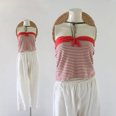 stripe crop top xs-s vintage womens 80s 90s red striped size extra small or small cropped shirt strapless cute 