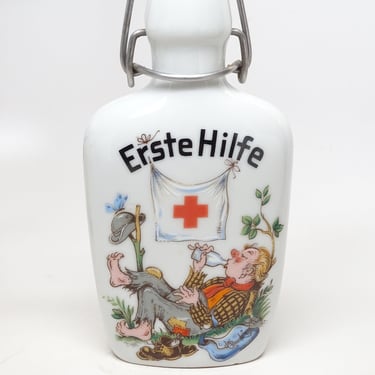 Vintage German First Aid Porcelain Flask,  Erste Hilfe, Cognac Bottle with  Red Cross & Stopper 