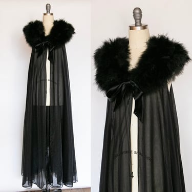 1960s Robe Lingerie Sheer Chiffon Marabou Feather M 