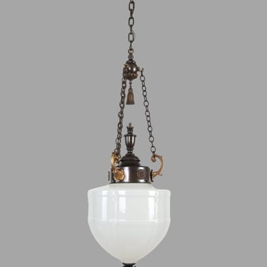 Early 20th Century Beaux Arts Milk Glass & Brass Pendant Light