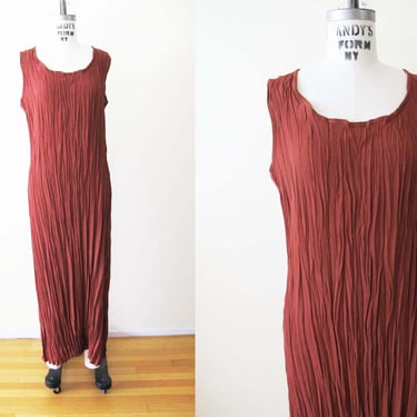 Vintage 90s Rust Red Wrinkle Plisse Maxi Dress M L - Minimalist Textured Sleeveless Column Sheath Dress 