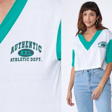 90s Crop Top Authentic Athletic Dept White Ringer T-Shirt Sports V Neck Teal Green Baseball Graphic TShirt Cropped Vintage 1990s Medium 