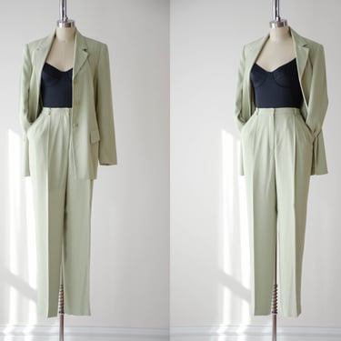 light green suit | 80s 90s vintage light green dark academia high waisted pants and blazer 2 piece suit set 