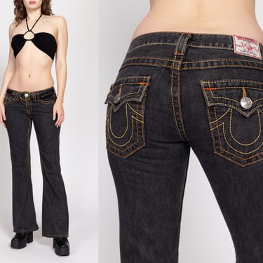 Small Y2K True Religion Joey Super T Low Rise Flared Jeans | Vintage 2000s Slim Dark Wash Denim Flares 