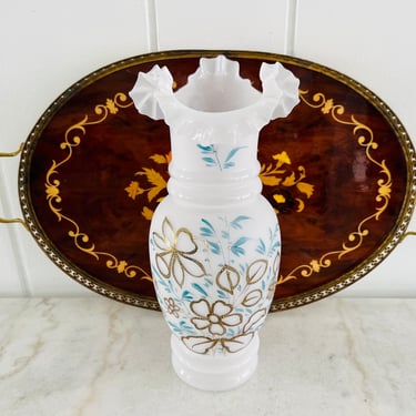 Antique White Opaline Vase, Ruffled Crimped Top, Hand Painted, Turquoise Gold floral, Bristol, Art Deco, MCM home decor, gift 