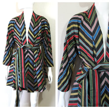 Vintage 1940s Maxan Rainbow Jacket Striped Taffeta Open Swing Coat Belted Dolman Sleeve Women's XS/S/M 