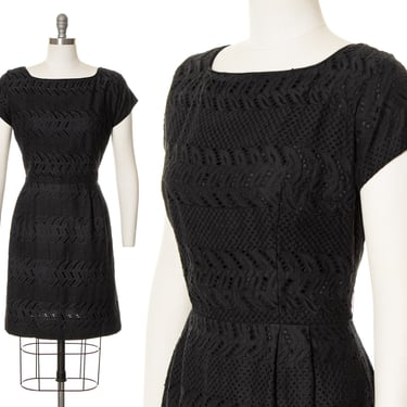 Vintage 1950s 1960s Dress | 50s 60s Black Eyelet Lace Cotton Wiggle Sheath Summer LBD Day Dress (medium) 