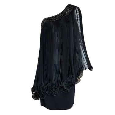 Marchesa 2010s One-Shoulder Pleated Black Cocktail Dress
