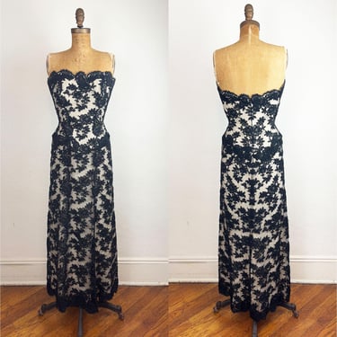 Vintage 1990s Vicky Tiel Couture Black Lace Strapless Buster “Figaro” Gown Dress with Corsetry and Matching Scarf Bergdorf Goodman Small 