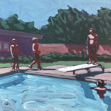 Pool #107 - Original Acrylic Painting on Canvas 10 x 10, men, swimming, michael van, diving, boys, gallery wall, modern, summer, small, art 