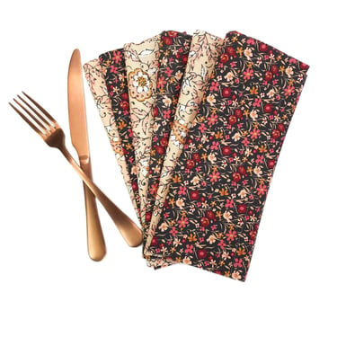 Black & Beige Floral Cloth Napkins, Set of 6 