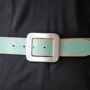 mint green belt | 90s y2k vintage Ralph Lauren light green turquoise cowboy western stitched wide leather statement belt 