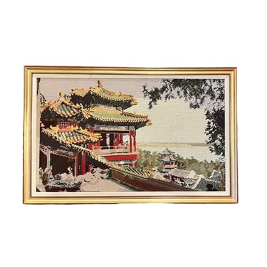 Vintage Hand-Stitched Pagoda on the River Artwork