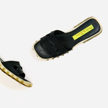 Vintage 90s 00s Y2K Rubber Leather Slides Size 6 6 1/2 by Goffredo Fantini Materia Prima Black White Slide 90s 00s y2k Chunky sandals 