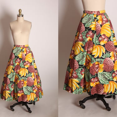 1950s Brown, Yellow, Black and Green Novelty Hawaiian Tiki Pineapple Banana Print Skirt 