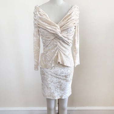 Ivory Crushed Velvet Mini-Dress with Twist Front - 1980s 