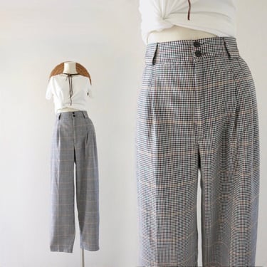 houndstooth plaid trousers - 28-29 - vintage 90s y2k high waist black white womens pleat front pants size 6 