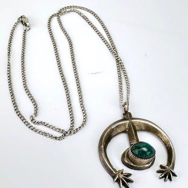 Vintage Artisan Abstract Modernist Malachite Sterling Silver Pendant Necklace Chain 