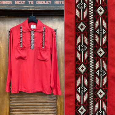 Vintage 1950’s “Van Heusen” Red Gabardine Zipper Rockabilly Shirt, 50’s Pullover, Vintage Clothing 