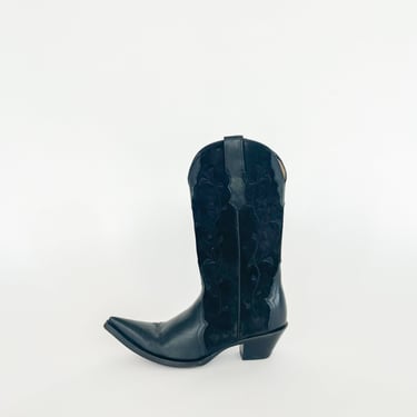 Black Suede Flower Embroidered Cowboy Boots (7.5)