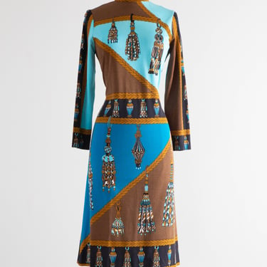 Fabulous 1970's Paganne Tassel Cocoa &amp; Cerulean Novelty Print Dress/ Sz M