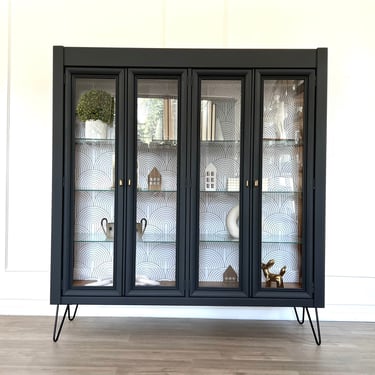 Stunning refinished display cabinet / buffet / bar / bookshelf / cabinet on hairpin beet MCM black modern 