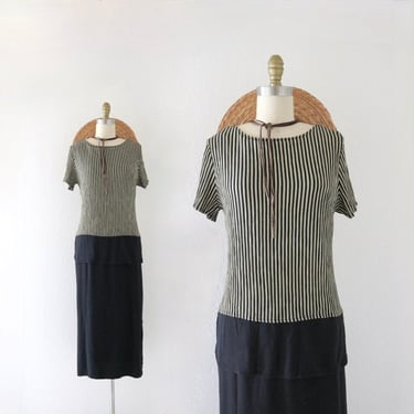 stripe double layer dress - m - womens vintage 90s y2k black striped long size medium maxi dress short sleeve minimal 