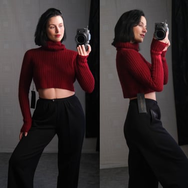 Vintage 90s DONNA KARAN Black Label Claret Cashmere Cropped Turtleneck Sweater Unworn w/ Tags | 100% Cashmere | 1990s DKNY Designer Sweater 