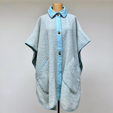 Vintage 1960s Bonnie Cashin Poncho, Sills Blue Wool Bouclé & Leather Trim, 60s American Designer, All Seasons Outerwear, One Size, VFG 