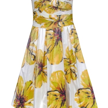Monique Lhuillier - Yellow & White Floral Strapless Dress Sz 0