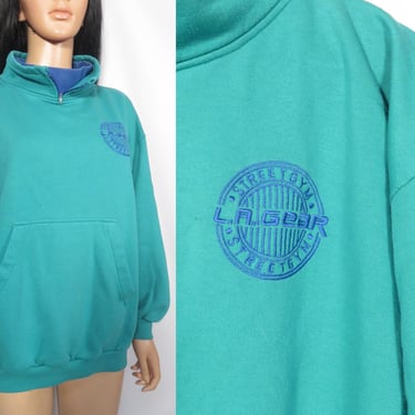 Vintage 90s LA Gear Teal Logo Sweatshirt With Collar Zip Size M 