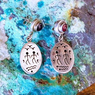 Sterling Petroglyph Earrings with Red Garnet~People Earrings Sterling Silver 925~Vintage Earrings Red Gemstones~JewelsandMetals 