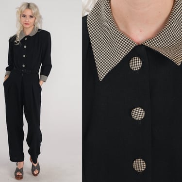 Black Jumpsuit 80s Button up Pantsuit Tapered Pant Gingham Collared High Waisted Retro Romper Pants Boho Long Sleeve Vintage 1980s Medium 8 