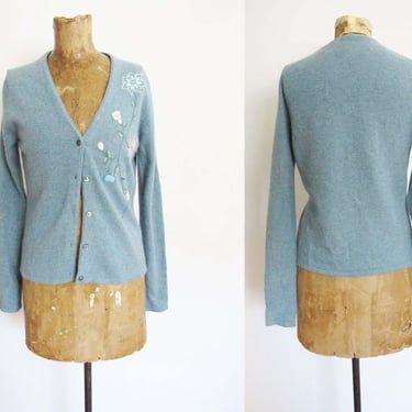 Vintage 90s Y2K Anne Taylor Cardigan S - 90s 2000s Fuzzy Blue Merino Wool Angora Blend Embroidered Floral V Neck Slim Fit Cardigan Sweater 