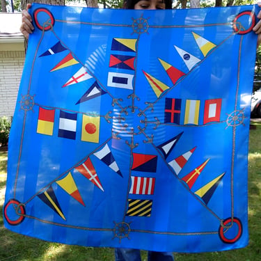 Large Nautical Flags Vintage 80s Blue Square Scarf 
