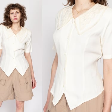 Medium 80s Ivory Lace Chelsea Collar Blouse | Boho Vintage Short Sleeve Button Up Secretary Top 