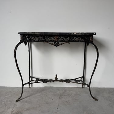 Antique French Oscar Bach–Style Wrought Iron and Brass Console Table with Black Marble Top 