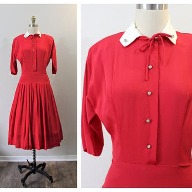 Vintage 1940s 50s Red Rayon Drop Waist Pleated Full Skirt Rhinestone Buttons Dress  // Modern Size US 0 2  xs Small 